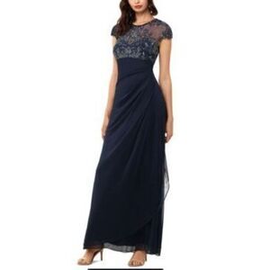 XSCAPE Womens Navy Embellished Zippered Keyhole Back Ruched Sheer Lined Cap Slee
